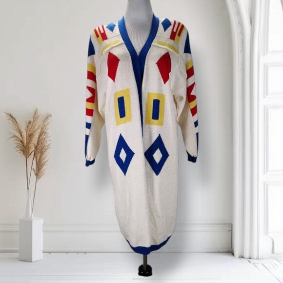 Vintage 80s Nautical White Cardigan Size M/L Mid Length Open Front Wool Blend